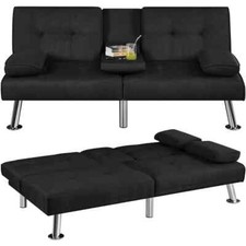 Sofá-cama de couro sintético conversível futon sofá com 2 travesseiros porta-copos comprar usado  Enviando para Brazil