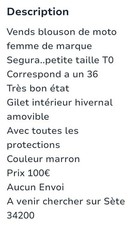 Blouson moto femme d'occasion Blouson moto femme d'occasion  Sète