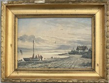Pintura a óleo vintage menor: homens pescadores e o barco na praia depois do trabalho comprar usado  Enviando para Brazil