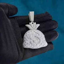 Pingente de bolsa de dinheiro moissanita real corte redondo 3 quilates folheado a ouro branco 14K prata, usado comprar usado  Enviando para Brazil
