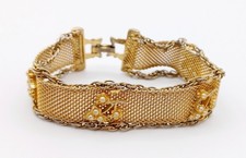 Pulseira de malha de metal vintage assinada Goldette NY tom dourado pérolas falsas flores  comprar usado  Enviando para Brazil