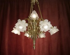 LUSTRE DE VIDRO ANTIGO MÉDIO 7 LÂMPADAS LATÃO BRILHANTE Ø 25“ comprar usado  Enviando para Brazil