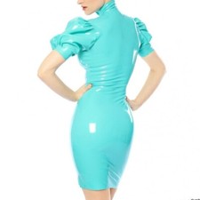 Mini vestido fetiche látex azul Tiffany manga folhada saia bodycon borracha zíper frontal comprar usado  Enviando para Brazil