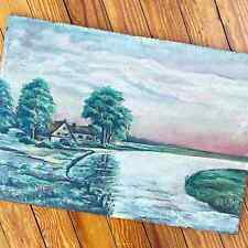 Pintura vintage casa de campo lago placa de madeira árvores aquáticas paisagem ingênua comprar usado  Enviando para Brazil