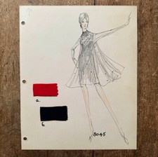 Usado, Desenho de ilustração de design de moda vintage original dos anos 1970 com amostras de tecido comprar usado  Enviando para Brazil
