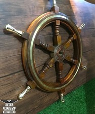 Volante de madeira navio grande 36" antiguidades náuticas com cabo de latão, anel de latão, usado comprar usado  Enviando para Brazil
