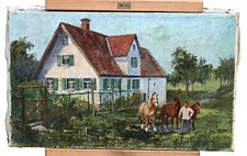 Casa Rural e Cavalos – Pintura a Óleo Vintage Assinada em Tela, Paisagem de Fazenda comprar usado  Enviando para Brazil