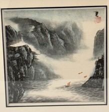 Pintura a tinta aquarela chinesa original barco montanha rio pescador assinado, usado comprar usado  Enviando para Brazil