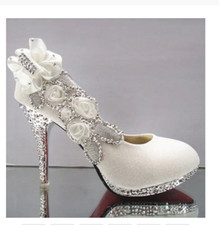 Floral Casamento Cristal Glitter Bomba De Salto alto grosso Bico Redondo Sapato Branco Prata comprar usado  Enviando para Brazil
