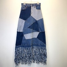 AKIRA Azul Patchwork Denim Cintura Alta Tamanho G Saia Elástica Franja Desgastada Reto comprar usado  Enviando para Brazil