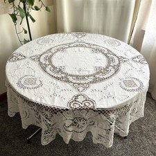 Toalha de mesa vintage redonda de linho corte 5' bordado crochê branco marfim comprar usado  Enviando para Brazil