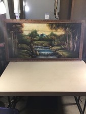 PINTURA EM TECIDO VINTAGE MEADOS DO SÉCULO QUADRO PAISAGEM CACHOEIRA 48” x 26”, usado comprar usado  Enviando para Brazil