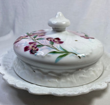 Prato de manteiga antigo alemão pintado à mão com tampa floral porcelana branca, usado comprar usado  Enviando para Brazil