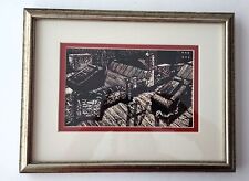 Linocut impresión azotea ciudad paisaje sin firmar enmarcado doble mate arte popular, usado segunda mano  Embacar hacia Argentina