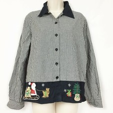 Blusa de Natal grama limão M média Gingham preto branco feriado Papai Noel floco de neve comprar usado  Enviando para Brazil