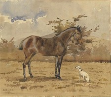 A H Scarlett - Pintura em aquarela cachorro e cavalo na paisagem 1896 - século XIX, usado comprar usado  Enviando para Brazil