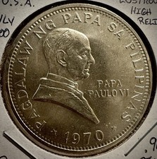 1970 Filipinas 1 moeda Piso Ferdinand Marcos, Paulo VI, visita papal .900 prata comprar usado  Enviando para Brazil