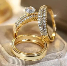 Usado, Conjunto de trio de anéis de prata 925 com acabamento em ouro amarelo 14K com diamante simulado para noivos comprar usado  Enviando para Brazil