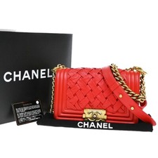 Bolsa de ombro CHANEL menino CC logotipo corrente couro vermelho França 385RF372 comprar usado  Enviando para Brazil