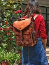 Hiking Laptop Messenger Backpack Bag Heavy Duty Genuine Pure Goat Leather Large comprar usado  Enviando para Brazil