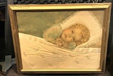 Moldura e quadro vintage 13"x 16" cabelo loiro bebê cetim cobertor laços fitas azul bronzeado comprar usado  Enviando para Brazil