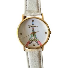Relógio analógico Paris Torre Eiffel couro vegano branco tom dourado fivela estado perfeito comprar usado  Enviando para Brazil