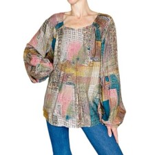 Blusa Tolani Collection colorida patchwork abstrata manga folhada comprar usado  Enviando para Brazil