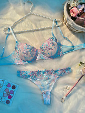 Conjunto de lingerie feminina floral bebê renda azul bordado malha sutiã e calcinha tanga comprar usado  Enviando para Brazil