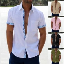 Camisas sociais masculinas estilo linho manga curta praia casual botão para baixo formal comprar usado  Enviando para Brazil