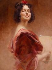 Pintura a óleo maior jovem feliz mulher em tecido vermelho lona pintada à mão linda comprar usado  Enviando para Brazil