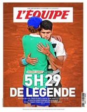 Journal l’équipe du 9 Juin 2025 / 5H29 de légende / Roland Garros Alcaraz Sinner na sprzedaż  Wysyłka do Poland