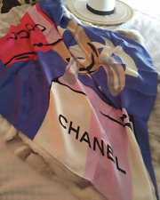 Cachecol Chanel CC seda azul rosa branco preto multi logotipo corrente frasco perfume motivo comprar usado  Enviando para Brazil