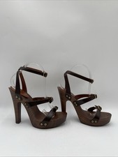 Sandálias plataforma femininas Saint Laurent Joan de madeira com tiras marrom tamanho 38 comprar usado  Enviando para Brazil