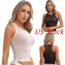Camisa feminina See-Through Fishnet crop top sem mangas malha colete regata camisa comprar usado  Enviando para Brazil