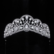 Luxo All CZ Zircônia Cúbica Pérola Flor Rainha Casamento Tiara Coroa Para Mulheres comprar usado  Enviando para Brazil