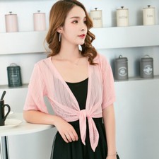 Usado, Cardigã feminino transparente encolher frente amarrar manga 3/4 bolero jaqueta top comprar usado  Enviando para Brazil