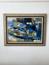 Pintura al óleo modernista abstracta sueca enmarcada grande paisaje de niño y barco  segunda mano  Embacar hacia Mexico