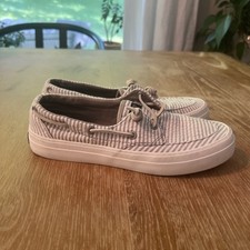 Sapatos femininos Sperry de lona top-sider barco 6M MEMORY FOAM cinza listra branca comprar usado  Enviando para Brazil