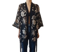 TFNC London Black Transparent Kimono Silver Floral Tassels Wrap Robe Size S na sprzedaż  PL