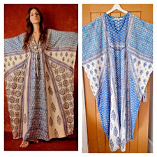 Vestido de algodão indiano vintage anos 70 estampa de bloco boho hippie étnico anos 60 kaftan M L XL XXL comprar usado  Enviando para Brazil
