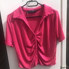 Blusa feminina tamanho 14-16 rosa com botões e colarinho elástico nervura manga curta comprar usado  Enviando para Brazil