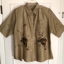Blusa túnica asiática vintage, manga curta, bege com faisões, colarinho, bolso, GG comprar usado  Enviando para Brazil