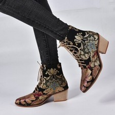 Botas femininas robustas bordadas com cadarço biqueira pontiaguda bloco sapatos de salto baixo comprar usado  Enviando para Brazil