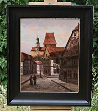 Używany, H. Wolff – Scena uliczna w Rothenburgu – Obraz olejny na drewnie – sygnowany, z ramą na sprzedaż  PL