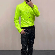 Camisa masculina de couro sintético brilhante manga longa blusa PU top festa showman clube de dança comprar usado  Enviando para Brazil