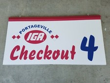 Placa vintage pendurada IGA supermercado checkout 4 portageville pista publicidade  comprar usado  Enviando para Brazil