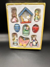 Vintage 9 Mini Enfeites de Páscoa de Madeira Pintados à Mão Pássaros Galinha Ovos Coelhos comprar usado  Enviando para Brazil