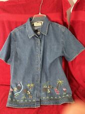 Camisa jeans bordada feminina LEMON GRASS L rosa flamingo tigre palmeira comprar usado  Enviando para Brazil