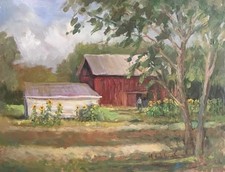  Pintura a óleo Plein Air celeiro vermelho fazenda jardim verão girassol paisagem rural comprar usado  Enviando para Brazil