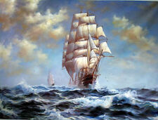 Arte pintura a óleo navio paisagem marítima grandes veleiros no oceano e ondas tela 36" comprar usado  Enviando para Brazil